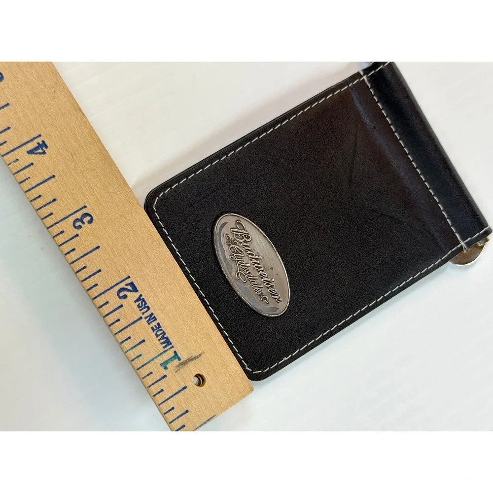 Budweiser Money Clip Wallet Black Leather Bifold Silver Clydesdales Logo VTG